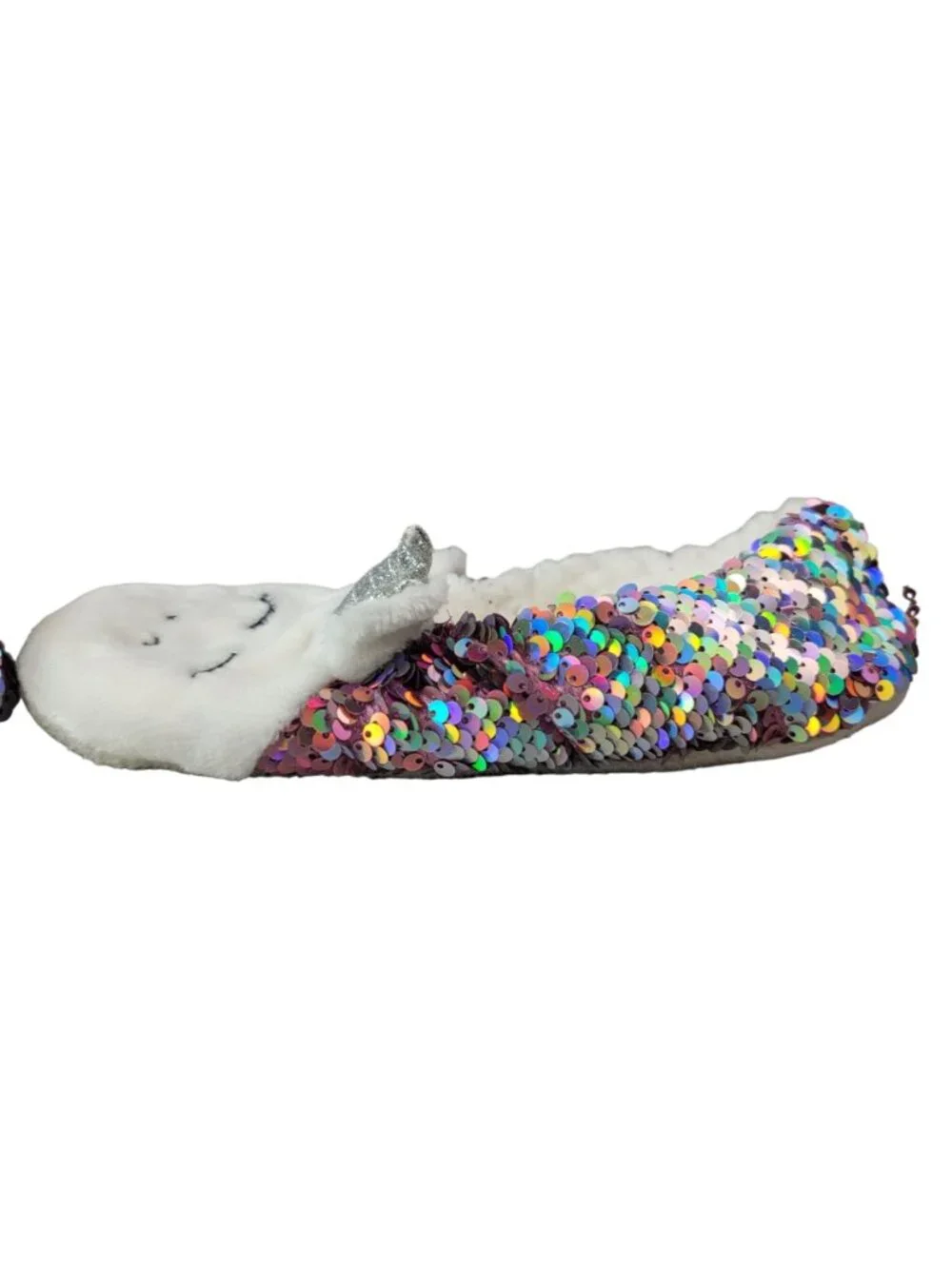 Target Unicorn Sequin Grippers Slippers White Faux Sherpa Silver Booties READ